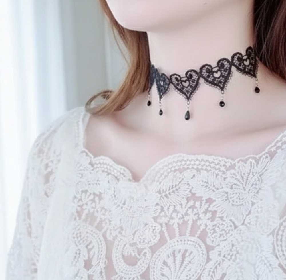 🖤 Heart Dangle Elegant Black Lace Choker Necklace New